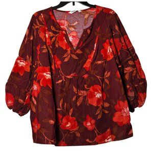 Sonoma Womens Floral Corduroy Long Sleeve Top Plus Size 2X Boho Babydoll Vneck‎
